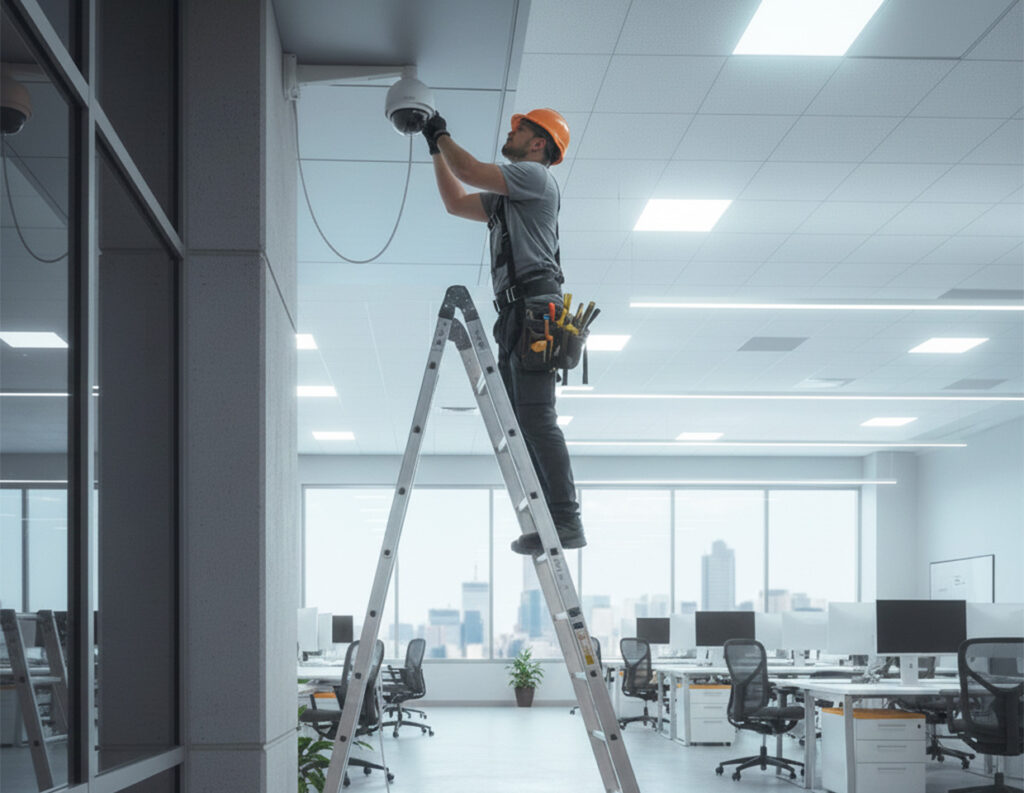 Técnico de Alesstec realizando una instalación de cámaras de seguridad profesional en una empresa.