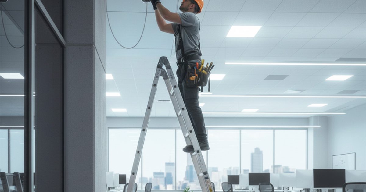 Técnico de Alesstec realizando una instalación de cámaras de seguridad profesional en una empresa.