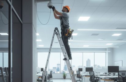 Técnico de Alesstec realizando una instalación de cámaras de seguridad profesional en una empresa.
