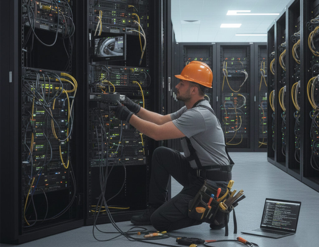 Técnico de Alesstec realizando una instalación de cámaras de seguridad profesional en una empresa.