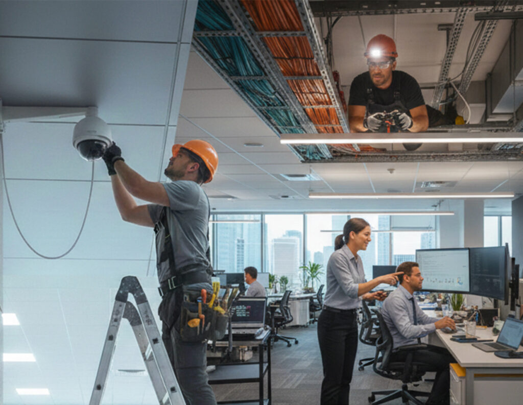 Equipo de trabajo productivo en una oficina moderna, simbolizando la eficiencia después de recibir TI support de alta calidad.