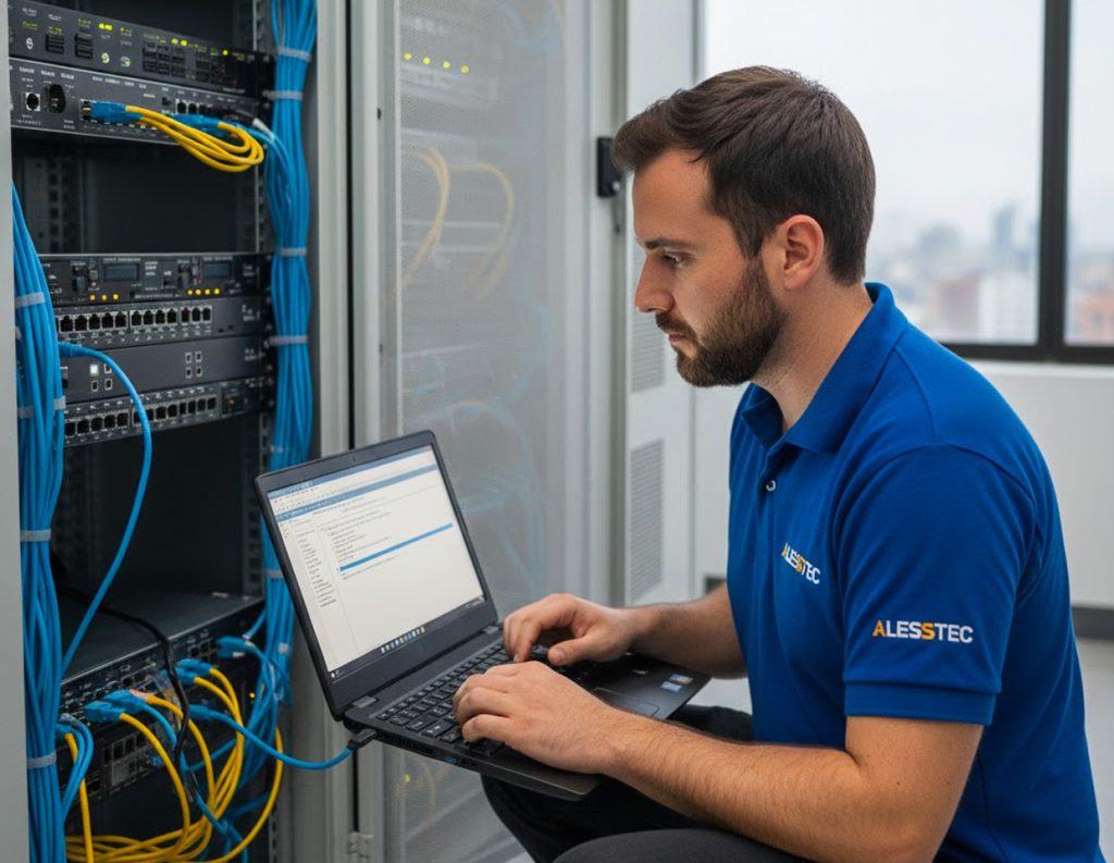 Técnico de soporte TI en Lima actualizando el firmware de un switch empresarial para mejorar seguridad y rendimiento.