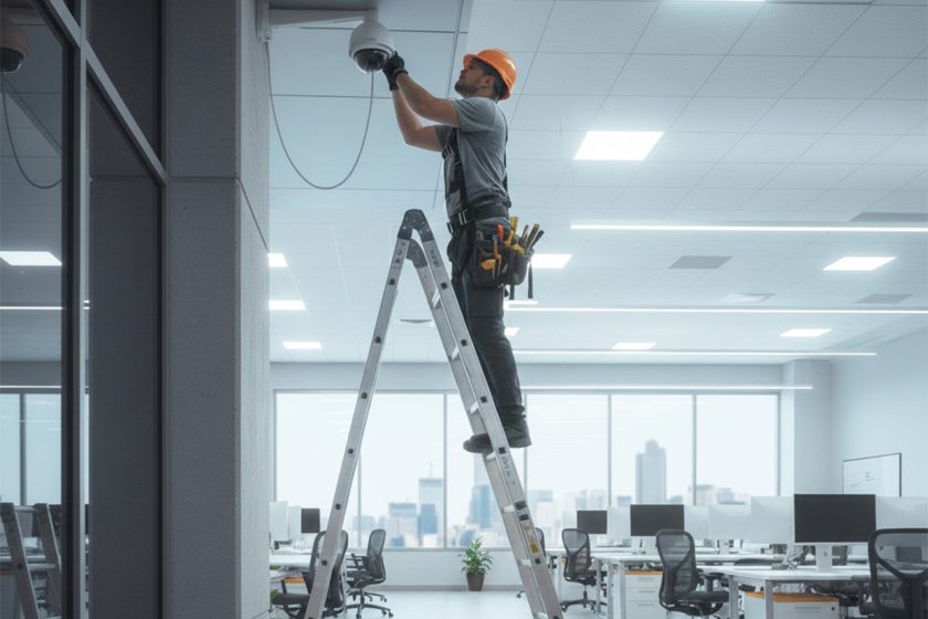 Técnico de Alesstec realizando una instalación de cámaras de seguridad profesional en una empresa.